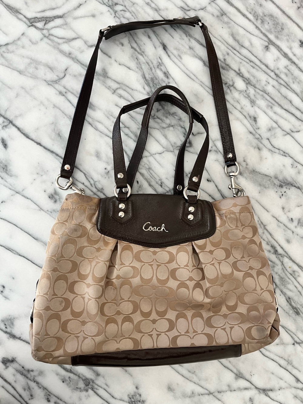 Coach Ashley Khaki & Mahagony Bown Signature Purse